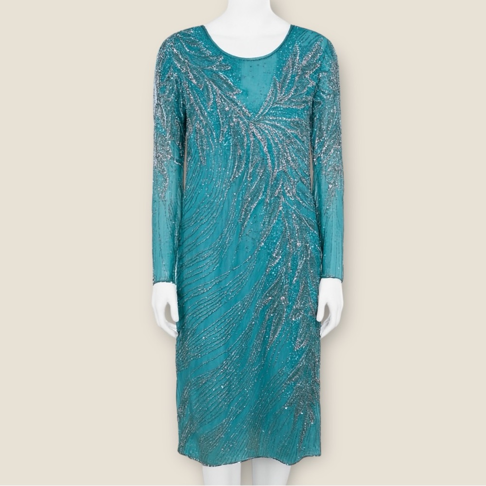 Alfred Angelo Womens Sequin Beaded Midi Dress Teal Fairycore Regency Formal Sz M